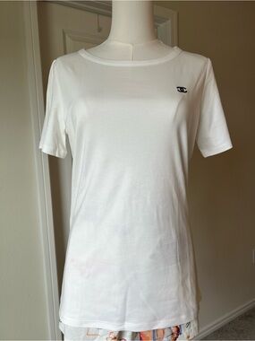CHANEL White Short Sleeve Logo Tee with Black CC Embroidery